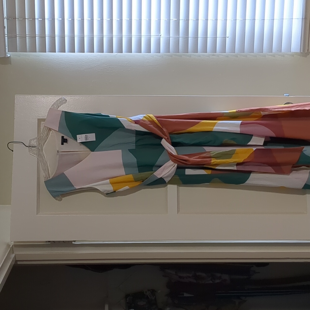 Ann Taylor Factory green yellow orange geometric dress sleeveless - medium